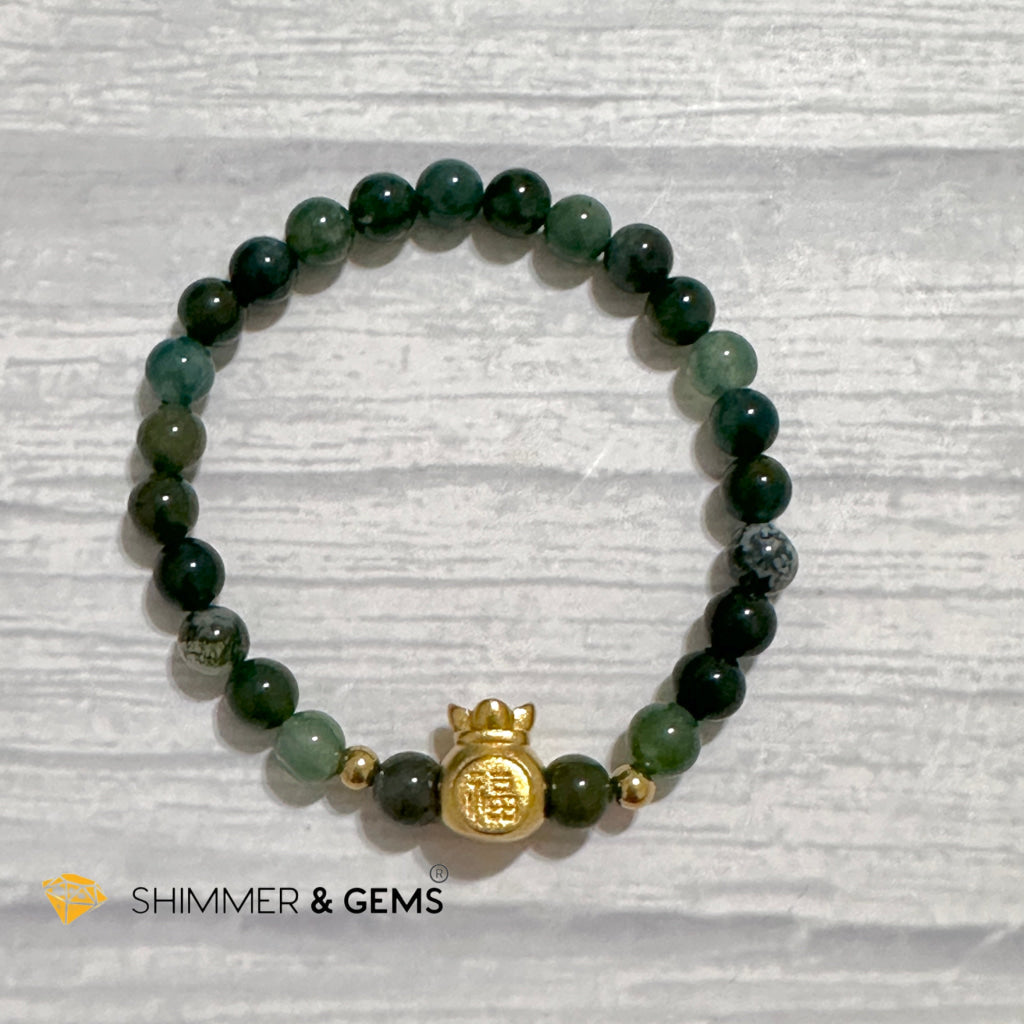 Moss Agate Money Bag Bracelet (6mm) 24K Gold Filled Brass