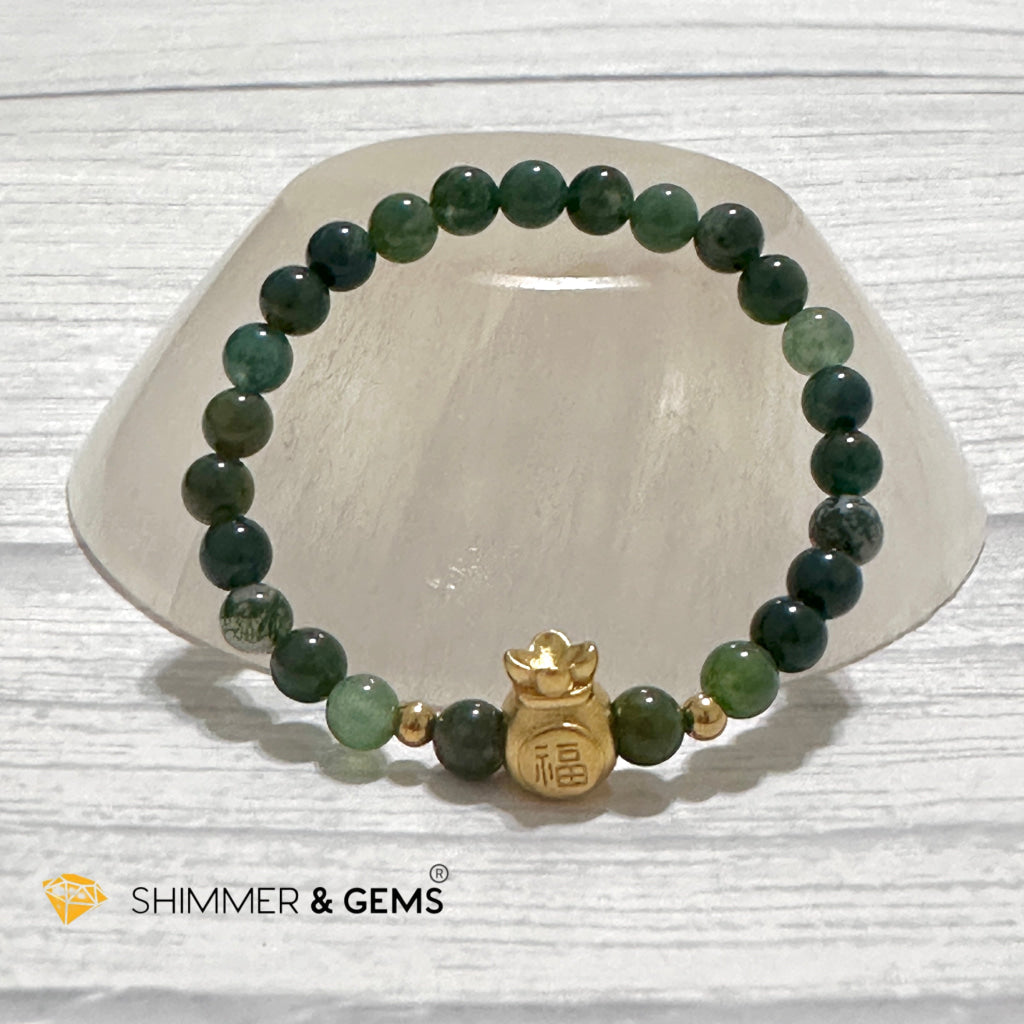 Moss Agate Money Bag Bracelet (6mm) 24K Gold Filled Brass