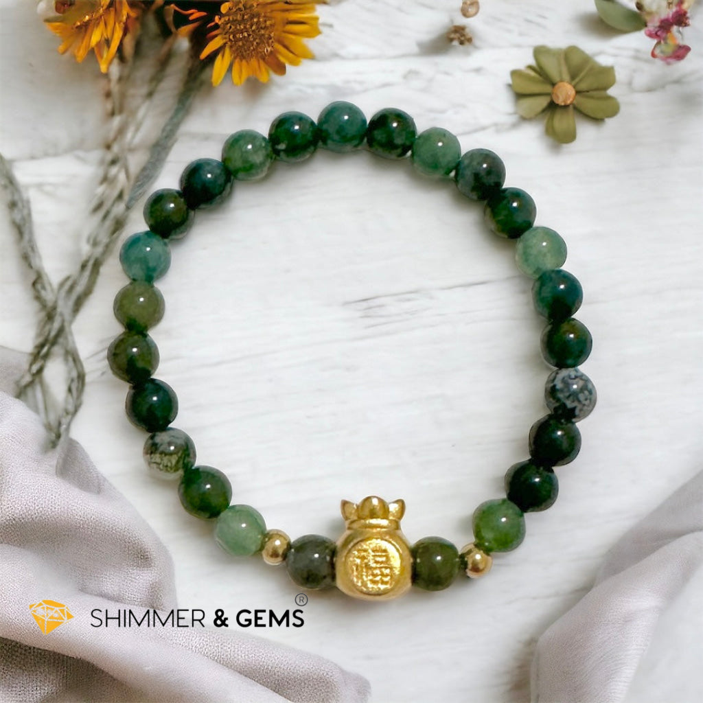 Moss Agate Money Bag Bracelet (6mm) 24K Gold Filled Brass