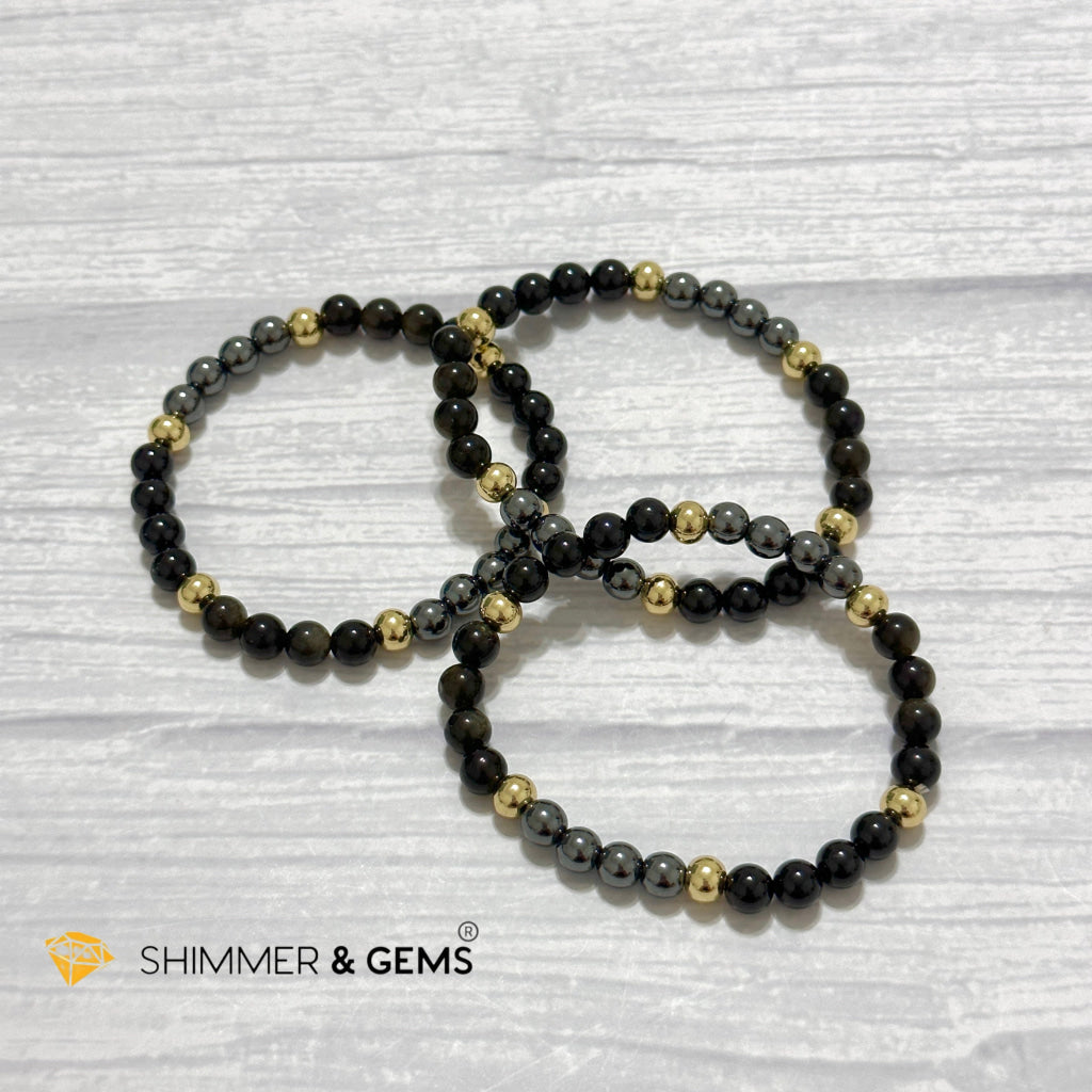Multi Protection Remedy Bracelet (Black Tourmaline, Golden Sheen Obsidian, Hematite 6mm +14k gold filled)