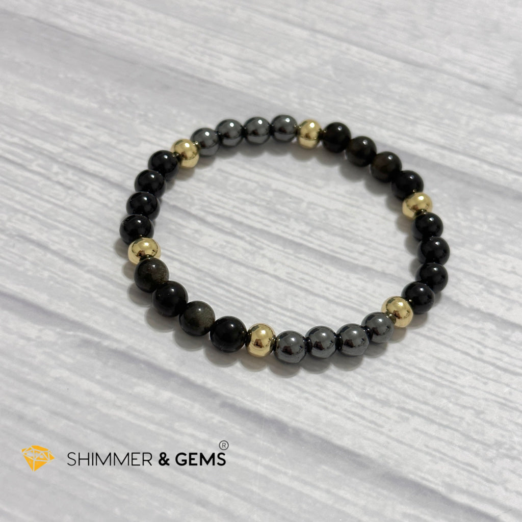 Multi Protection Remedy Bracelet (Black Tourmaline, Golden Sheen Obsidian, Hematite 6mm +14k gold filled)