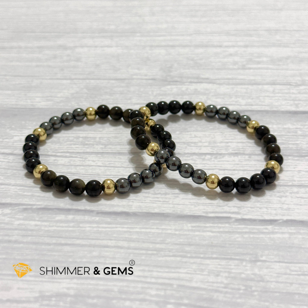 Multi Protection Remedy Bracelet (Black Tourmaline, Golden Sheen Obsidian, Hematite 6mm +14k gold filled)