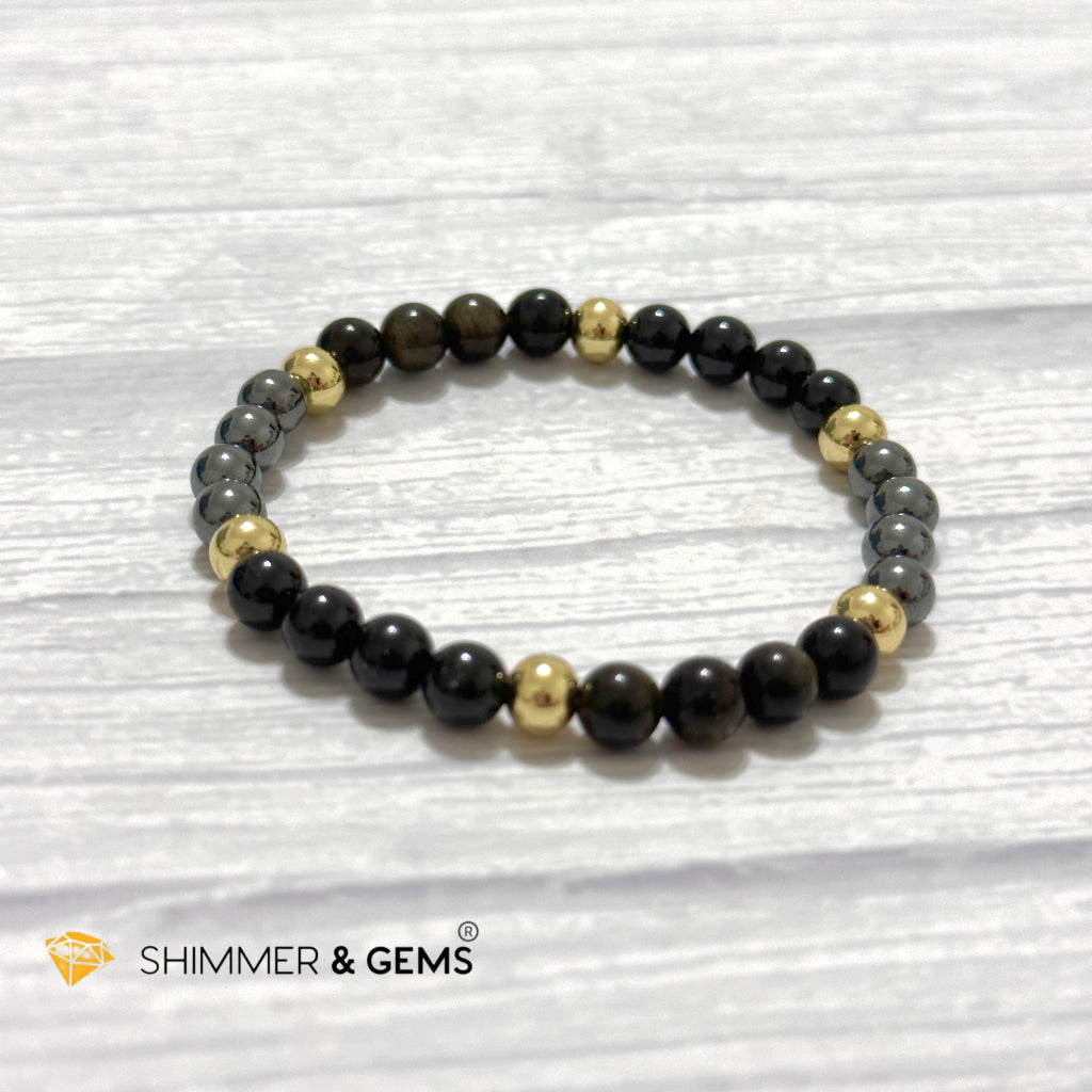Multi Protection Remedy Bracelet (Black Tourmaline, Golden Sheen Obsidian, Hematite 6mm +14k gold filled)