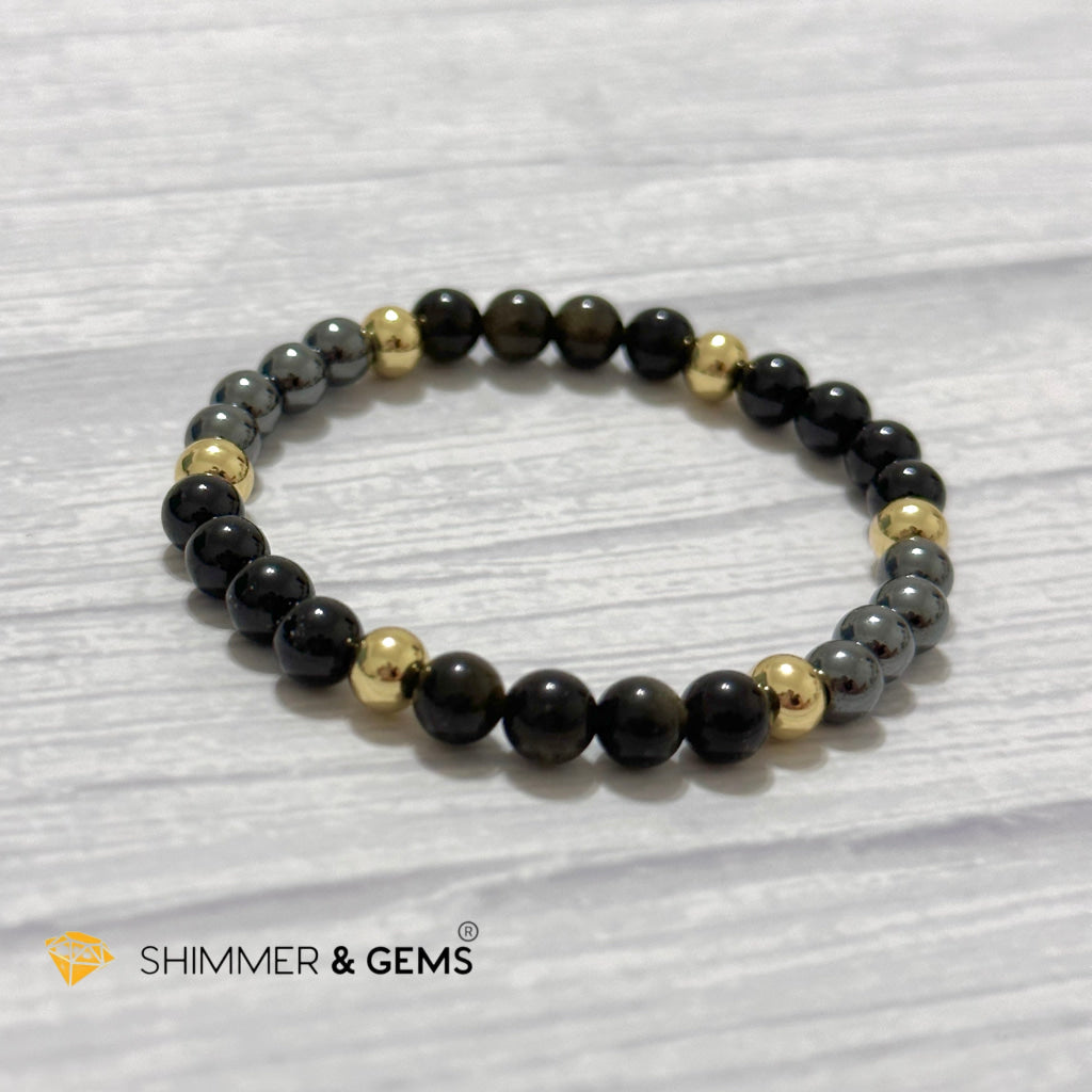 Multi Protection Remedy Bracelet (Black Tourmaline, Golden Sheen Obsidian, Hematite 6mm +14k gold filled)