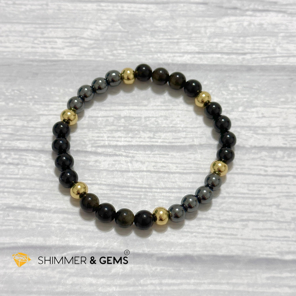 Multi Protection Remedy Bracelet (Black Tourmaline, Golden Sheen Obsidian, Hematite 6mm +14k gold filled)