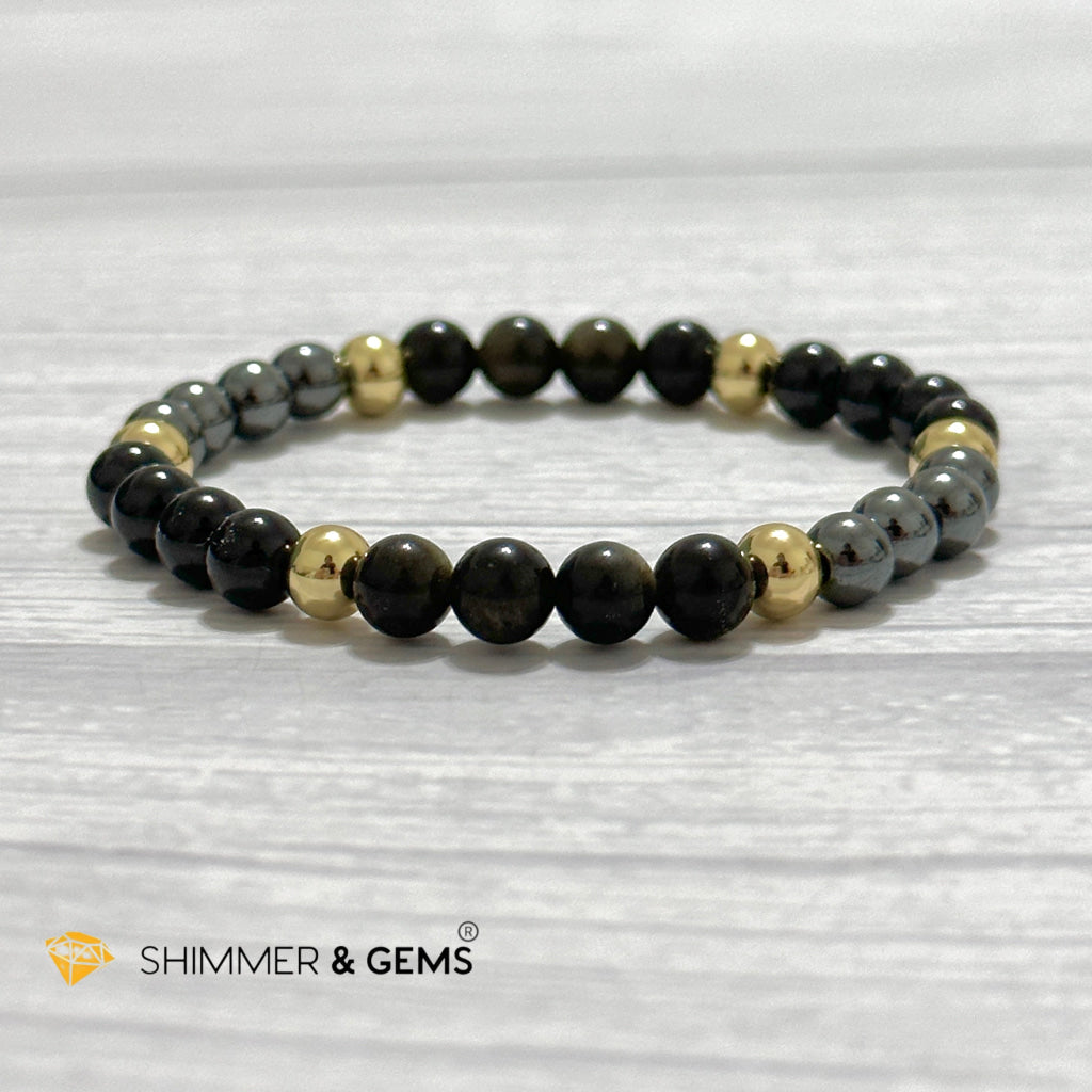Multi Protection Remedy Bracelet (Black Tourmaline, Golden Sheen Obsidian, Hematite 6mm +14k gold filled)