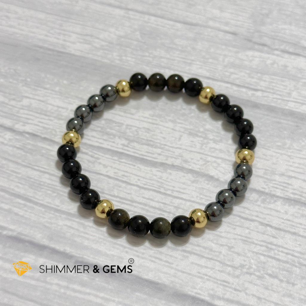 Multi Protection Remedy Bracelet (Black Tourmaline, Golden Sheen Obsidian, Hematite 6mm +14k gold filled)