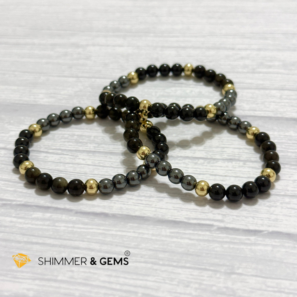 Multi Protection Remedy Bracelet (Black Tourmaline, Golden Sheen Obsidian, Hematite 6mm +14k gold filled)