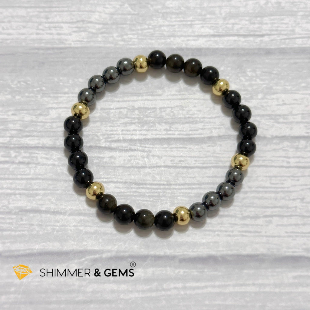 Multi Protection Remedy Bracelet (Black Tourmaline, Golden Sheen Obsidian, Hematite 6mm +14k gold filled)