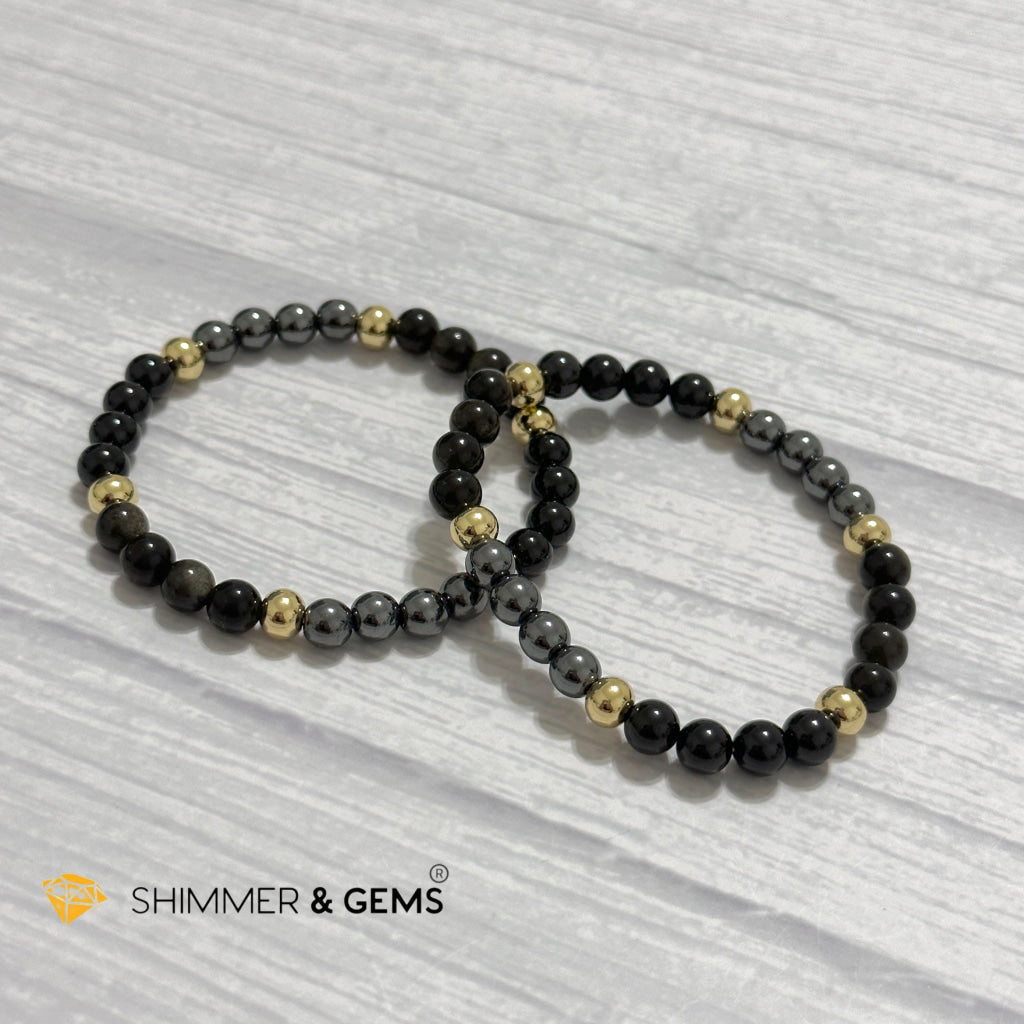 Multi Protection Remedy Bracelet (Black Tourmaline, Golden Sheen Obsidian, Hematite 6mm +14k gold filled)