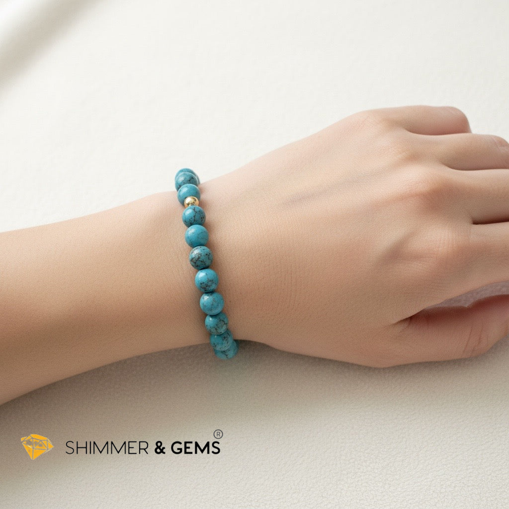 Natural Hubei Blue Turquoise 8mm Bracelet with 14k gold filled (Lucky Bracelet)AAAA