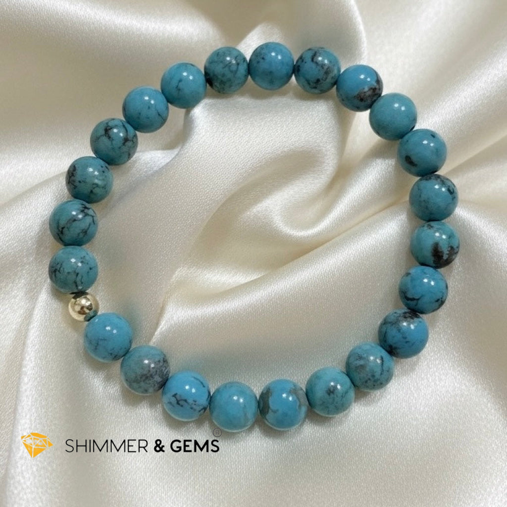 Natural Hubei Blue Turquoise 8mm Bracelet with 14k gold filled (Lucky Bracelet)AAAA