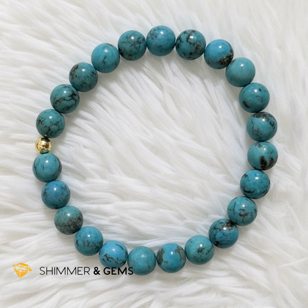Natural Hubei Blue Turquoise 8mm Bracelet with 14k gold filled (Lucky Bracelet)AAAA