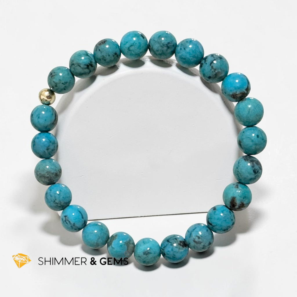Natural Hubei Blue Turquoise 8mm Bracelet with 14k gold filled (Lucky Bracelet)AAAA