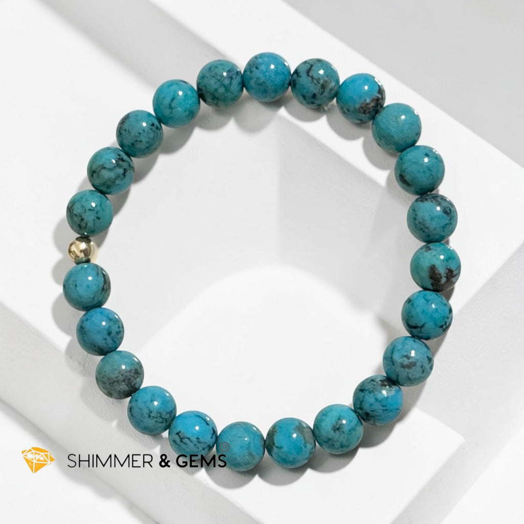 Natural Hubei Blue Turquoise 8mm Bracelet with 14k gold filled (Lucky Bracelet)AAAA