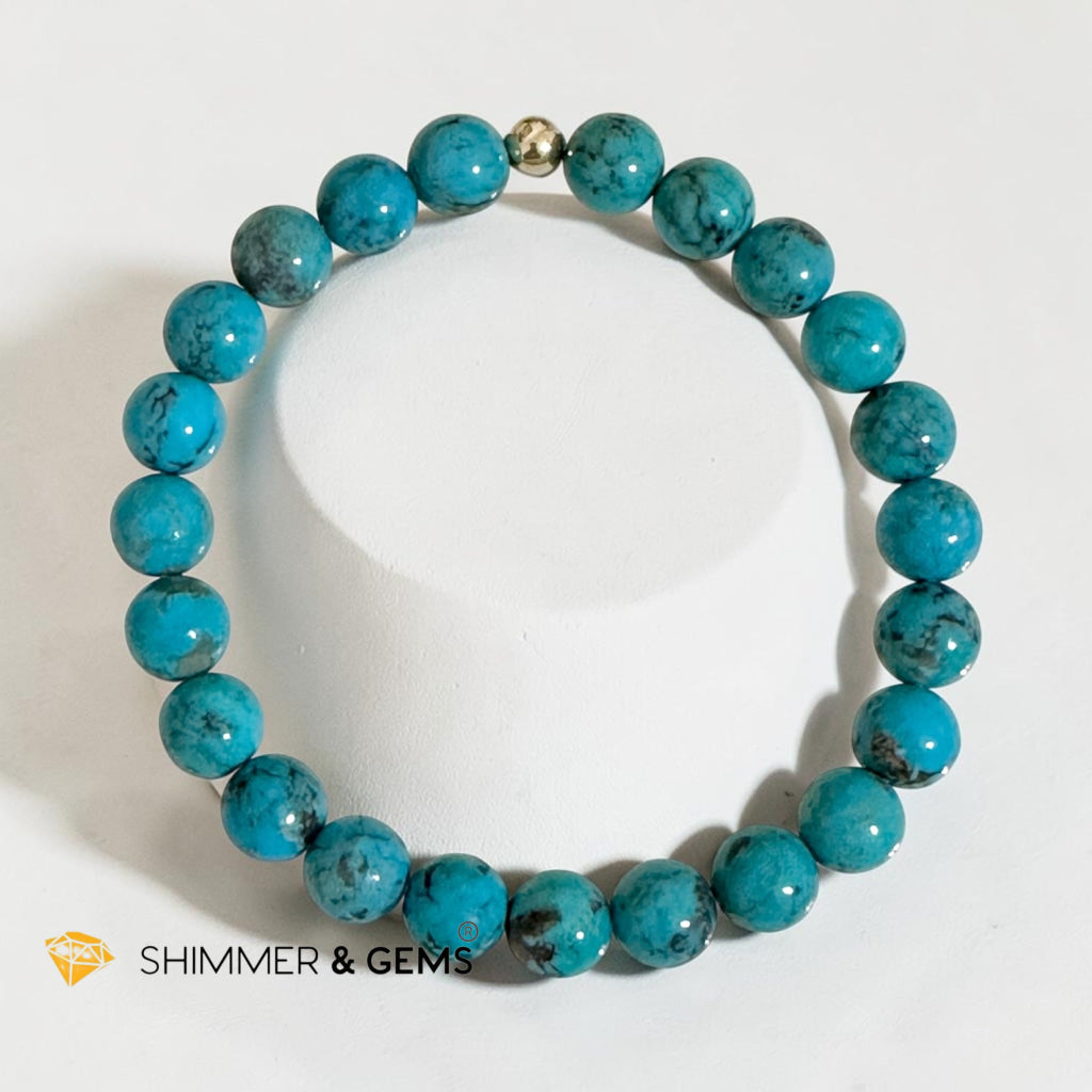 Natural Hubei Blue Turquoise 8mm Bracelet with 14k gold filled (Lucky Bracelet)AAAA