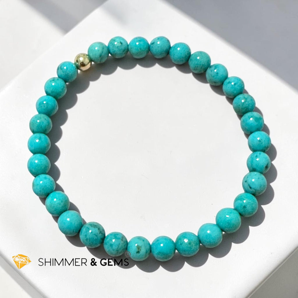 Natural Hubei Turquoise 6mm Bracelet with 14k gold filled bead (AAAAA Grade) Premium