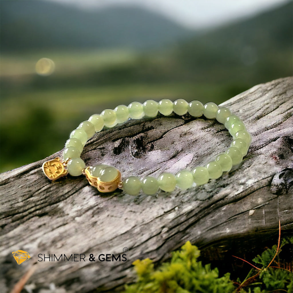 Nephrite Jade Bracelet with Gourd (Hulu) & Lucky Cat 925 Silver Gold Charm (Health, Wealth & Luck)