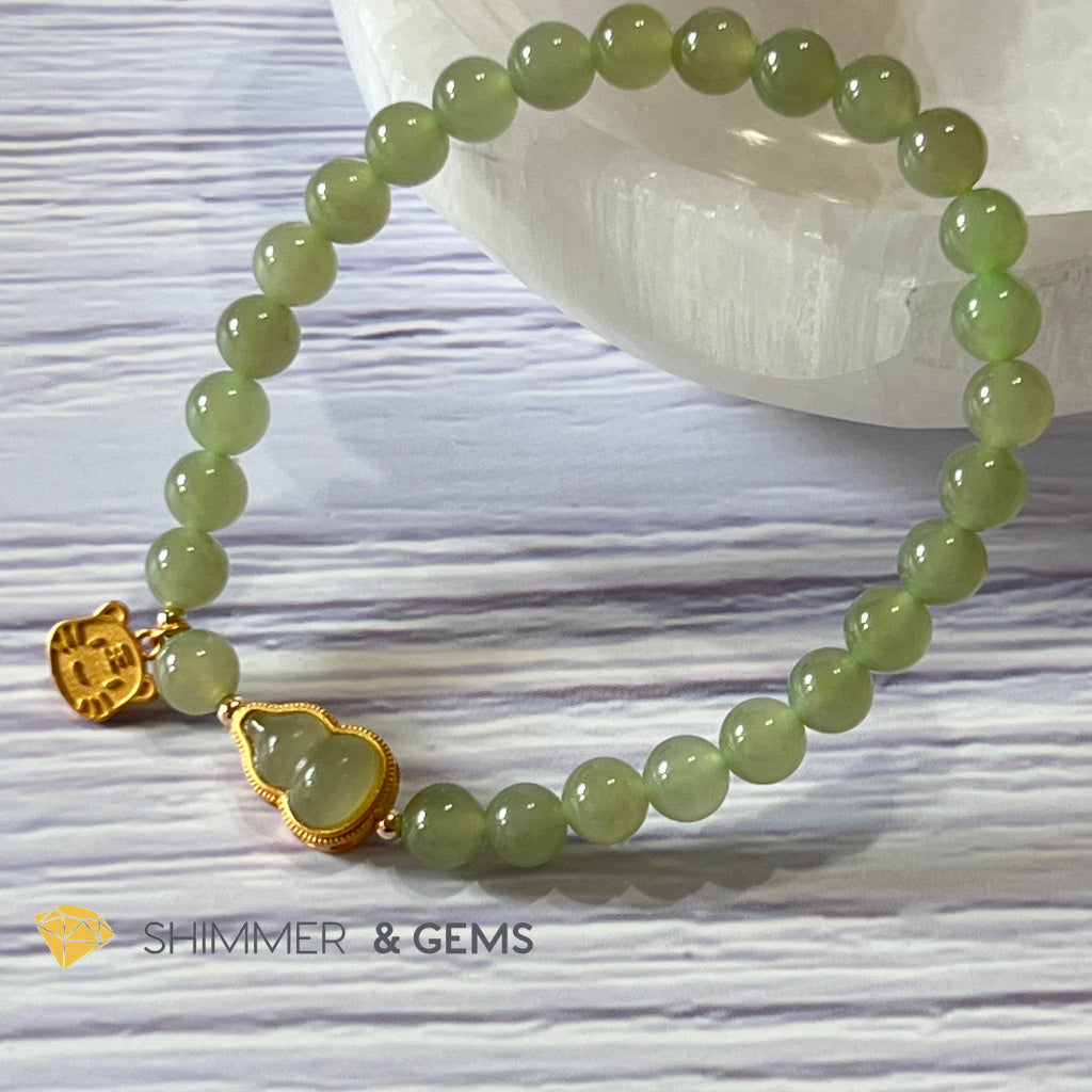 Nephrite Jade Bracelet With Gourd (Hulu) & Lucky Cat 925 Silver Gold Charm (Health Wealth Luck)