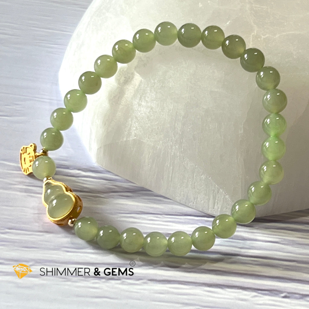 Nephrite Jade Bracelet With Gourd (Hulu) & Lucky Cat 925 Silver Gold Charm (Health Wealth Luck)