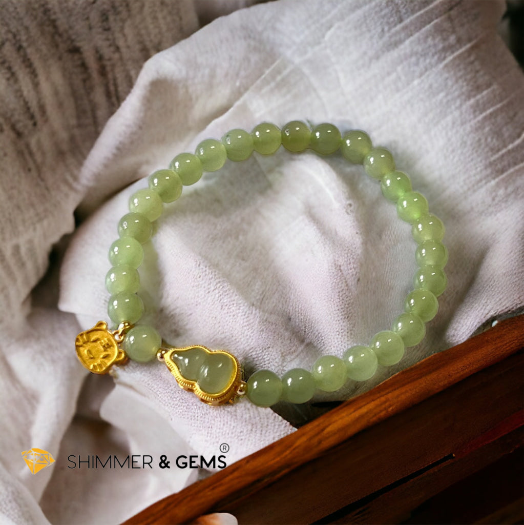 Nephrite Jade Bracelet with Gourd (Hulu) & Lucky Cat 925 Silver Gold Charm (Health, Wealth & Luck)