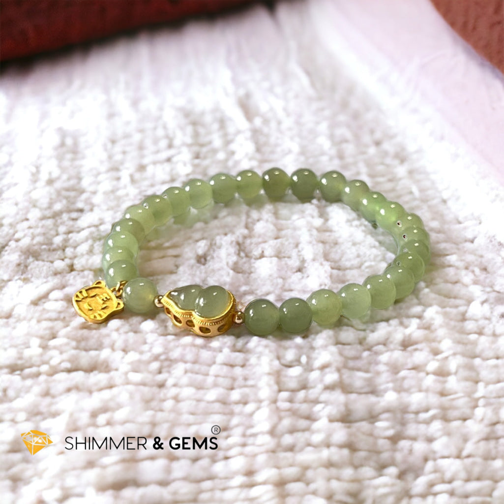 Nephrite Jade Bracelet with Gourd (Hulu) & Lucky Cat 925 Silver Gold Charm (Health, Wealth & Luck)