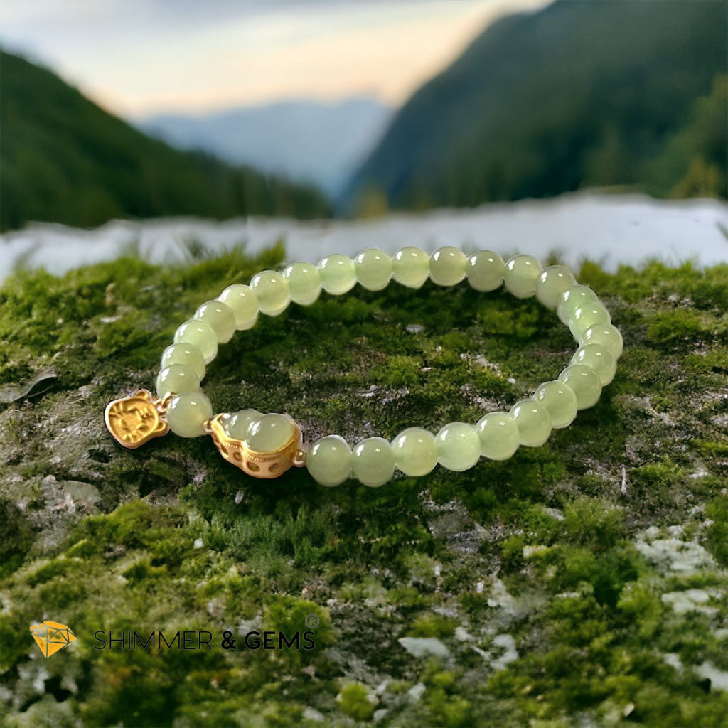 Nephrite Jade Bracelet with Gourd (Hulu) & Lucky Cat 925 Silver Gold Charm (Health, Wealth & Luck)