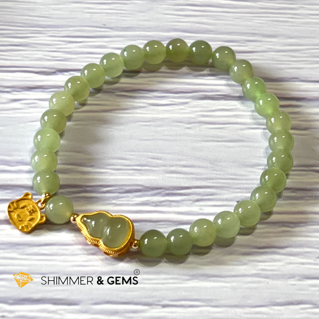 Nephrite Jade Bracelet With Gourd (Hulu) & Lucky Cat 925 Silver Gold Charm (Health Wealth Luck)