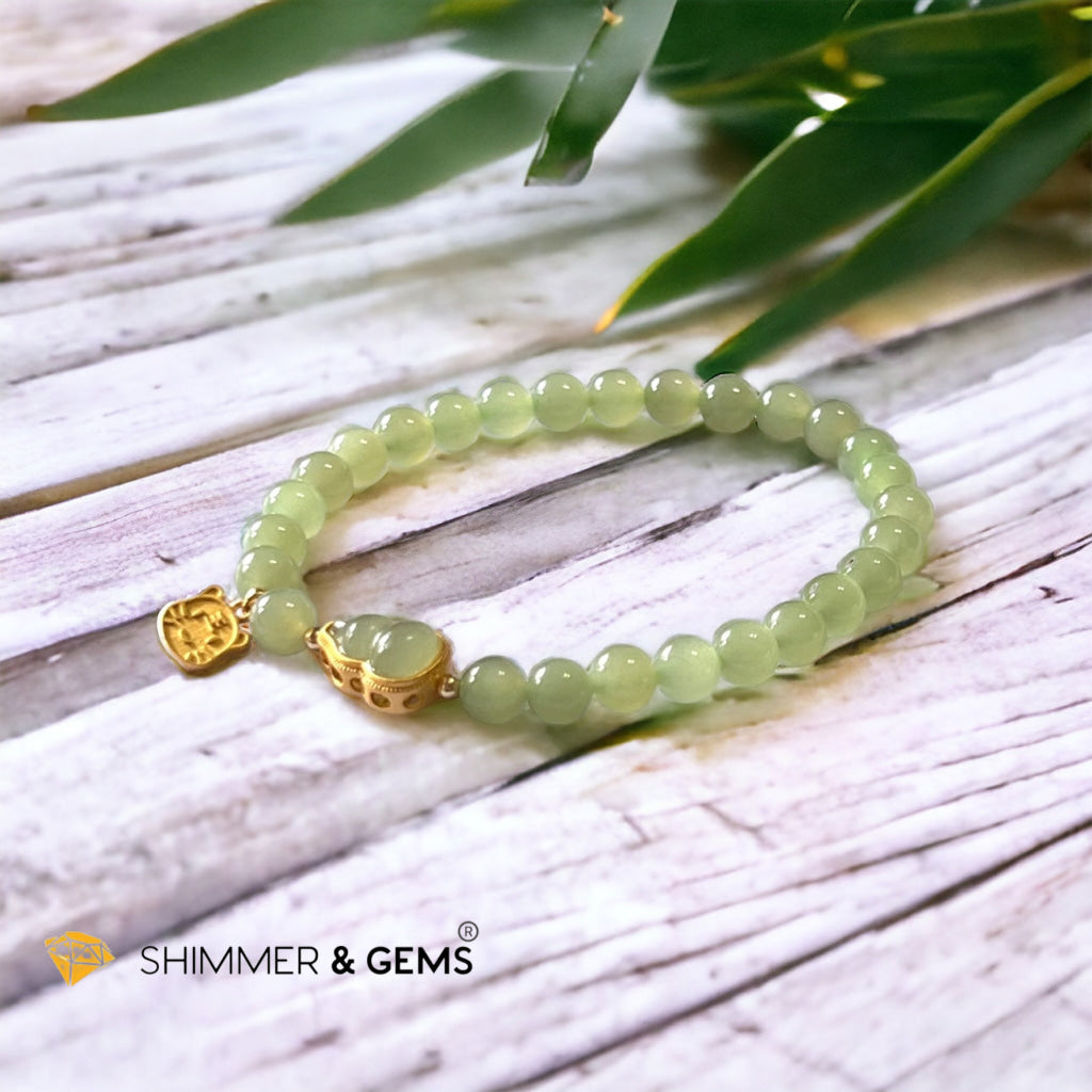 Nephrite Jade Bracelet with Gourd (Hulu) & Lucky Cat 925 Silver Gold Charm (Health, Wealth & Luck)