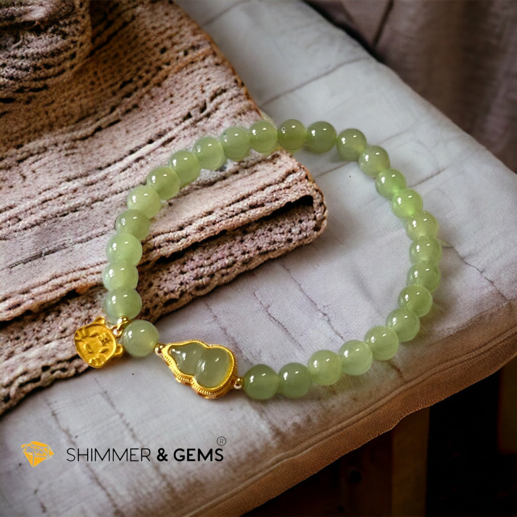 Nephrite Jade Bracelet with Gourd (Hulu) & Lucky Cat 925 Silver Gold Charm (Health, Wealth & Luck)