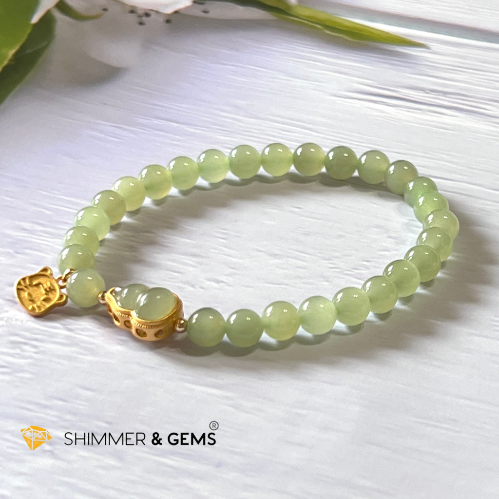 Nephrite Jade Bracelet With Gourd (Hulu) & Lucky Cat 925 Silver Gold Charm (Health Wealth Luck) 6