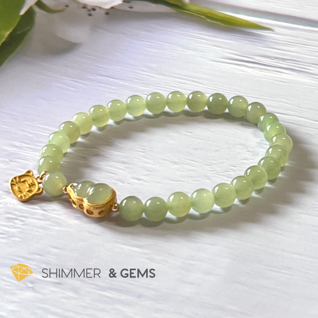 Nephrite Jade Bracelet With Gourd (Hulu) & Lucky Cat 925 Silver Gold Charm (Health Wealth Luck) 6