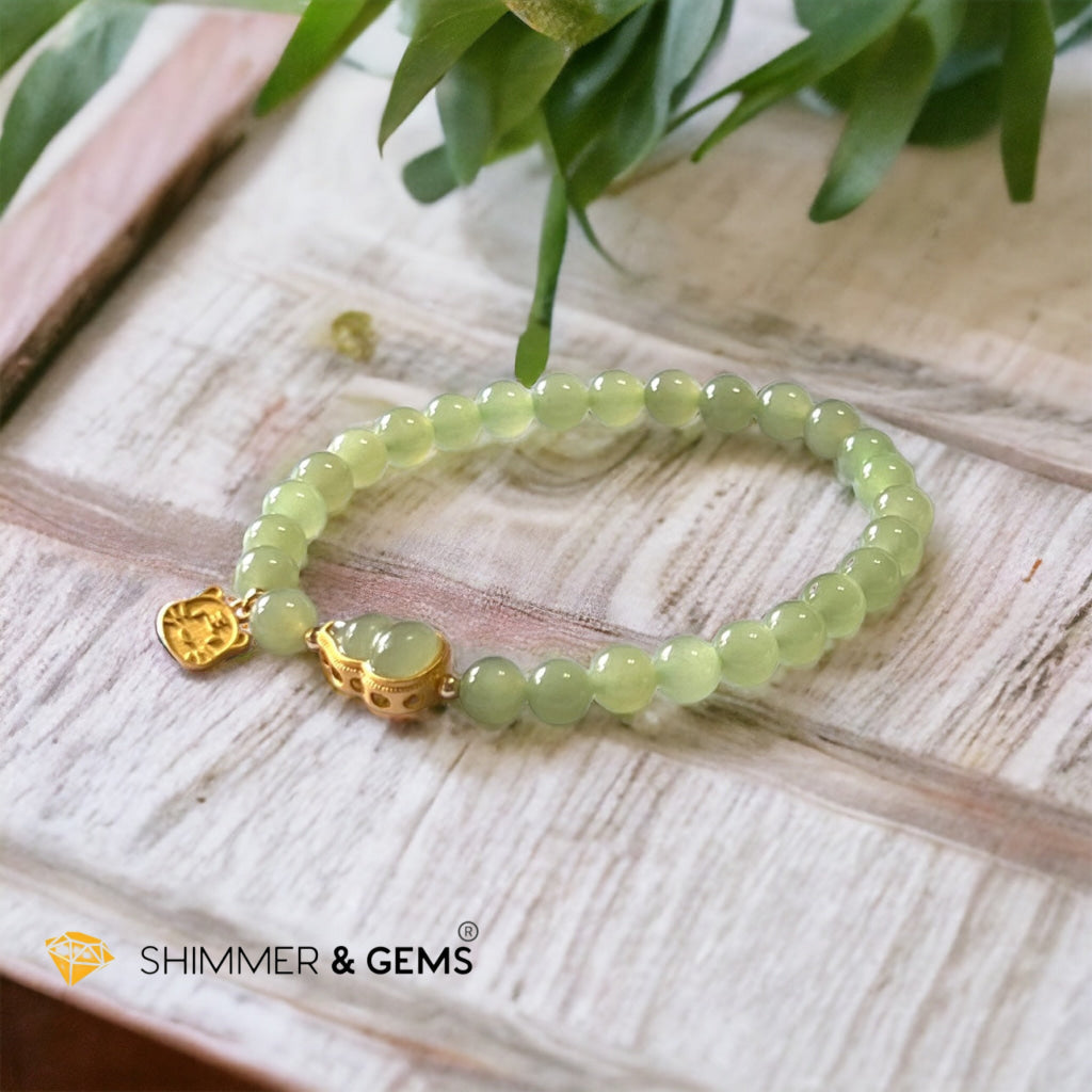 Nephrite Jade Bracelet with Gourd (Hulu) & Lucky Cat 925 Silver Gold Charm (Health, Wealth & Luck)