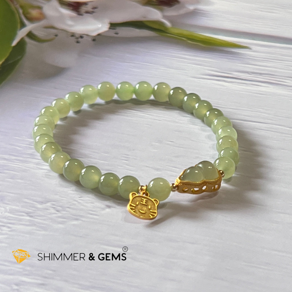 Nephrite Jade Bracelet With Gourd (Hulu) & Lucky Cat 925 Silver Gold Charm (Health Wealth Luck)