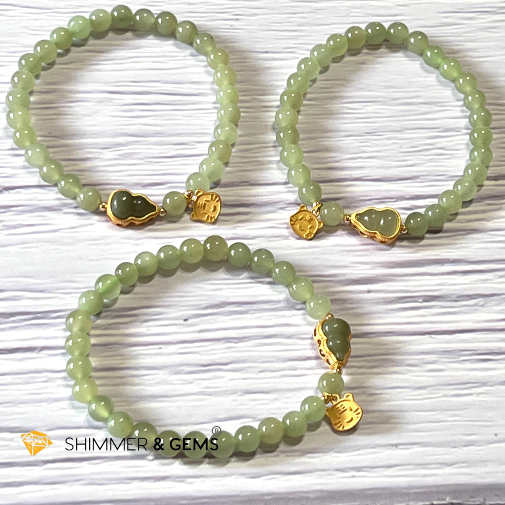 Nephrite Jade Bracelet With Gourd (Hulu) & Lucky Cat 925 Silver Gold Charm (Health Wealth Luck)