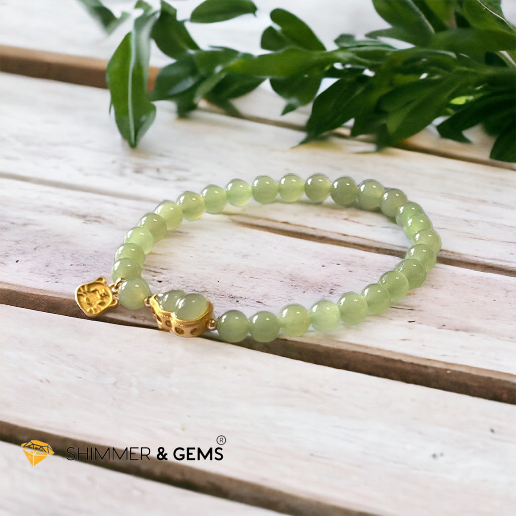 Nephrite Jade Bracelet with Gourd (Hulu) & Lucky Cat 925 Silver Gold Charm (Health, Wealth & Luck)