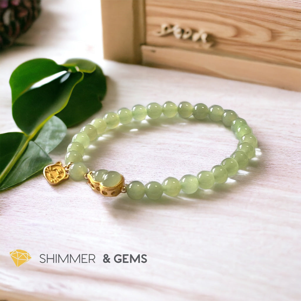 Nephrite Jade Bracelet with Gourd (Hulu) & Lucky Cat 925 Silver Gold Charm (Health, Wealth & Luck)