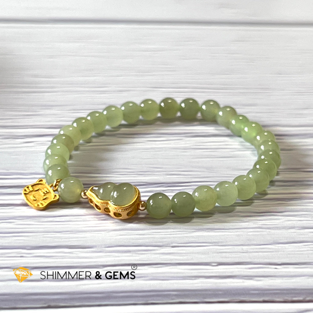 Nephrite Jade Bracelet With Gourd (Hulu) & Lucky Cat 925 Silver Gold Charm (Health Wealth Luck)