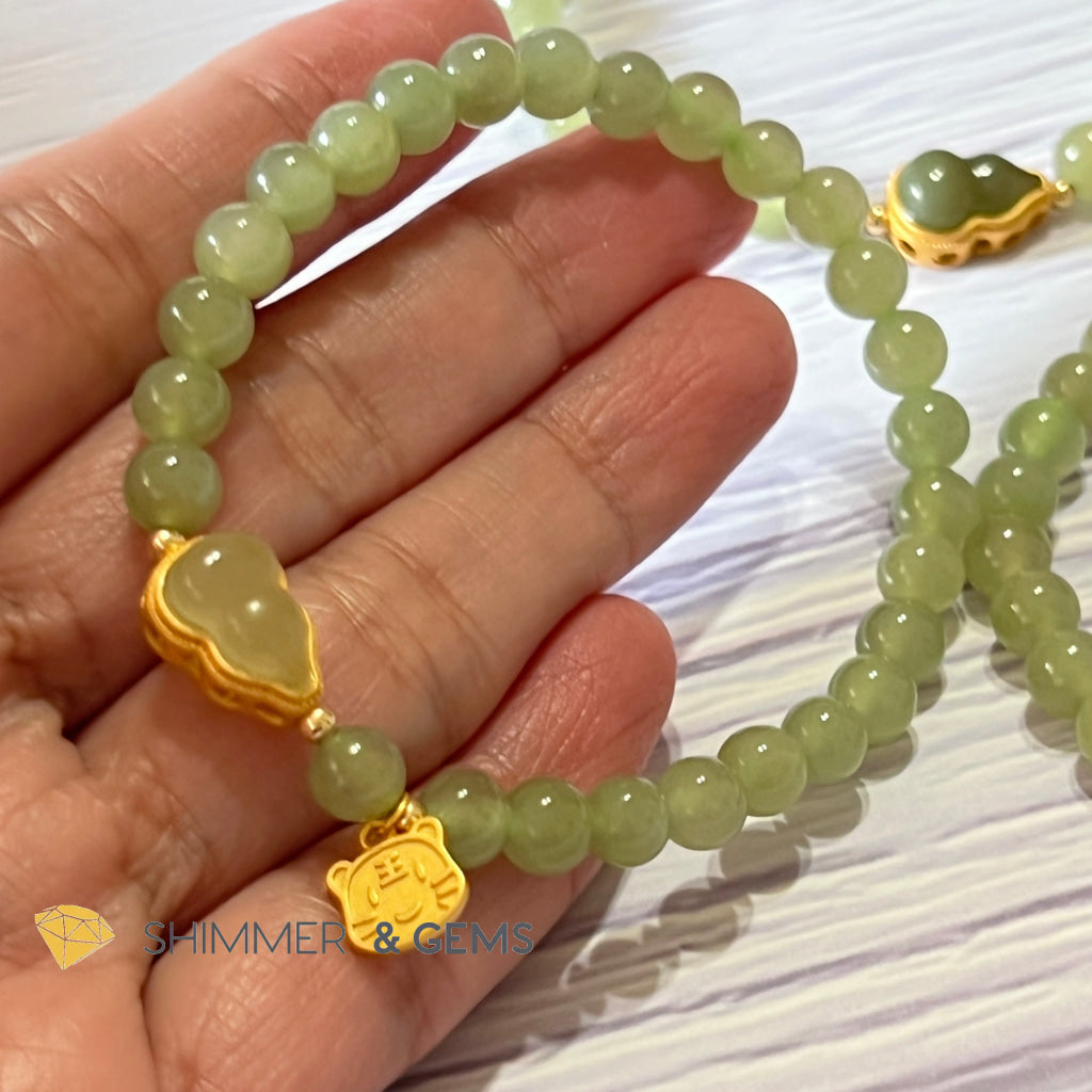 Nephrite Jade Bracelet With Gourd (Hulu) & Lucky Cat 925 Silver Gold Charm (Health Wealth Luck)