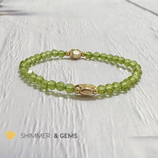 Peridot 4mm Faceted Bracelet (Money Magnet) with 14k Gold Plated Ingot & Clover Charms