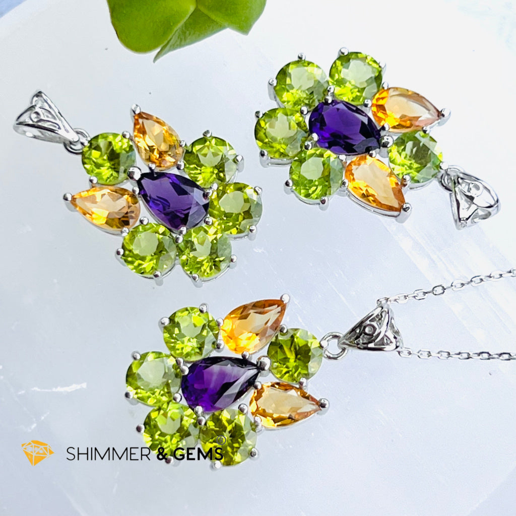 Peridot Fairy With Amethyst And Citrine Wings Pendant In 925 Silver (For Wealth) Charms & Pendants