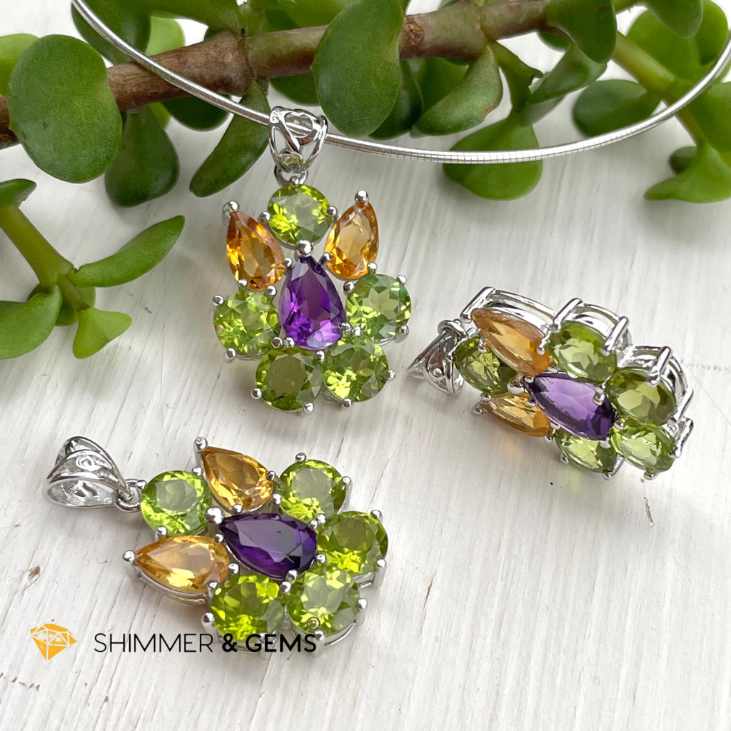 Peridot Fairy With Amethyst And Citrine Wings Pendant In 925 Silver (For Wealth) Charms & Pendants