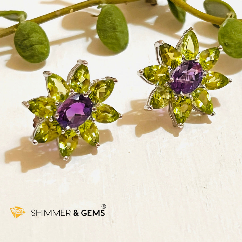 Peridot With Amethyst Sunshine Flower Earrings (Aa Grade) 30 Carats