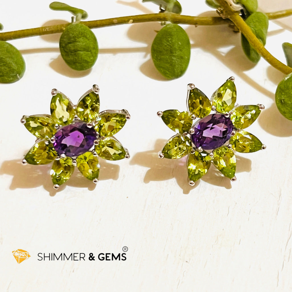 Peridot With Amethyst Sunshine Flower Earrings (Aa Grade) 30 Carats