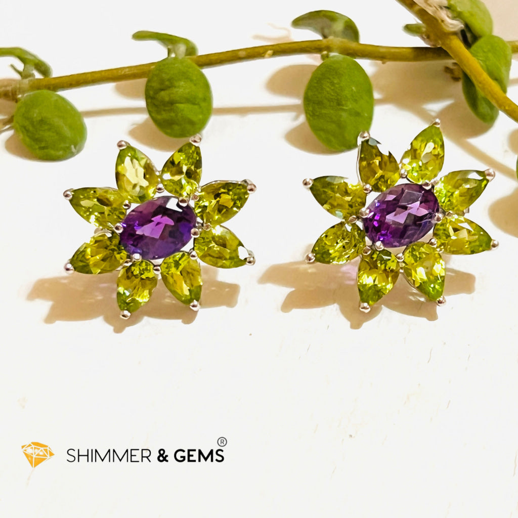 Peridot With Amethyst Sunshine Flower Earrings (Aa Grade) 30 Carats