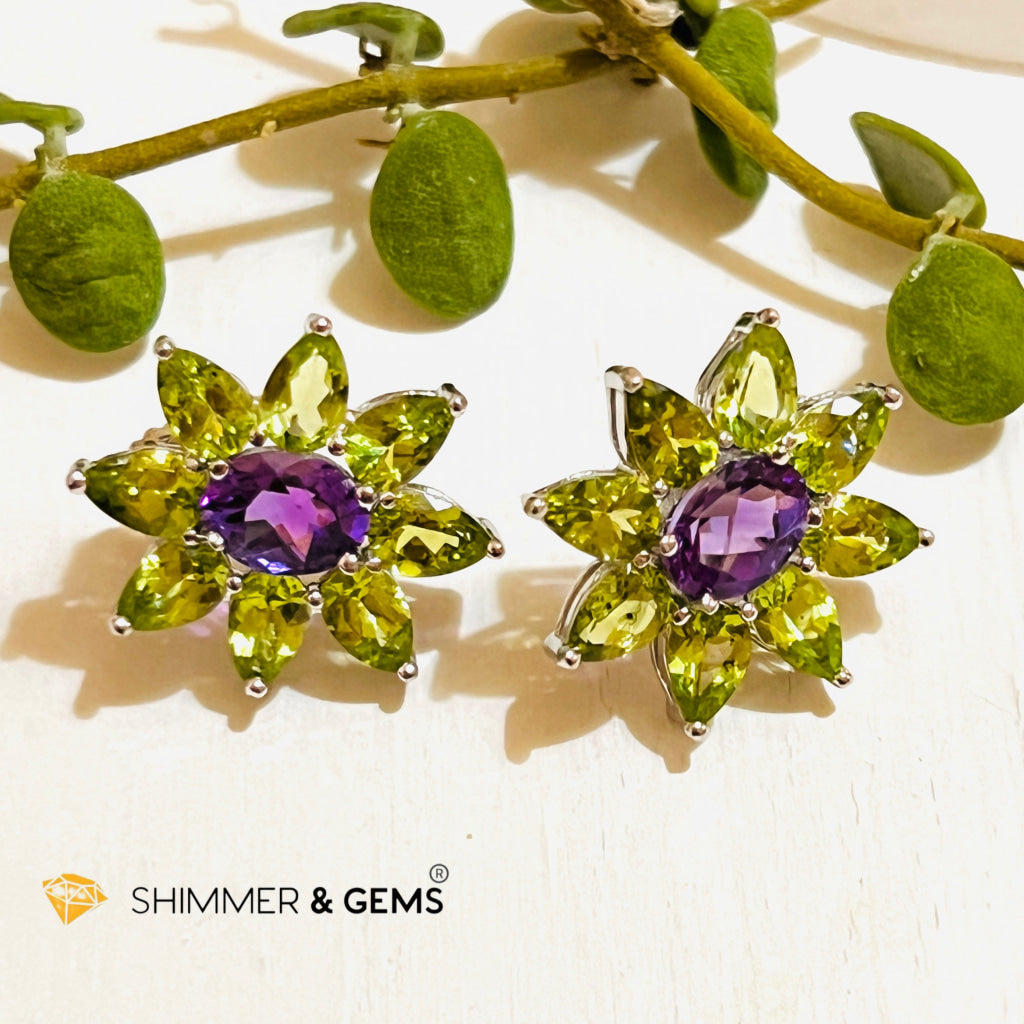 Peridot With Amethyst Sunshine Flower Earrings (Aa Grade) 30 Carats