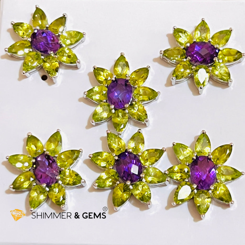 Peridot With Amethyst Sunshine Flower Earrings (Aa Grade) 30 Carats