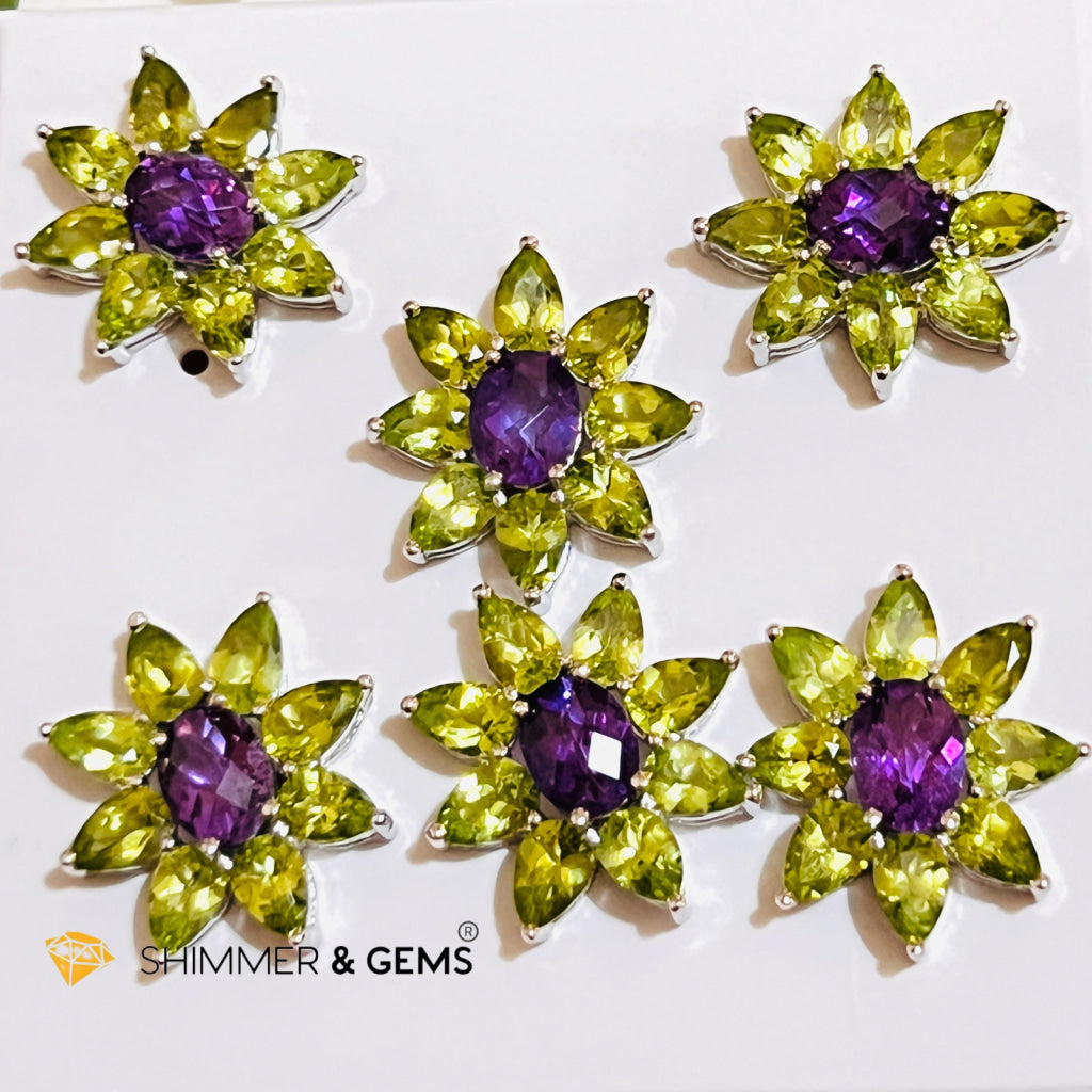 Peridot With Amethyst Sunshine Flower Earrings (Aa Grade) 30 Carats