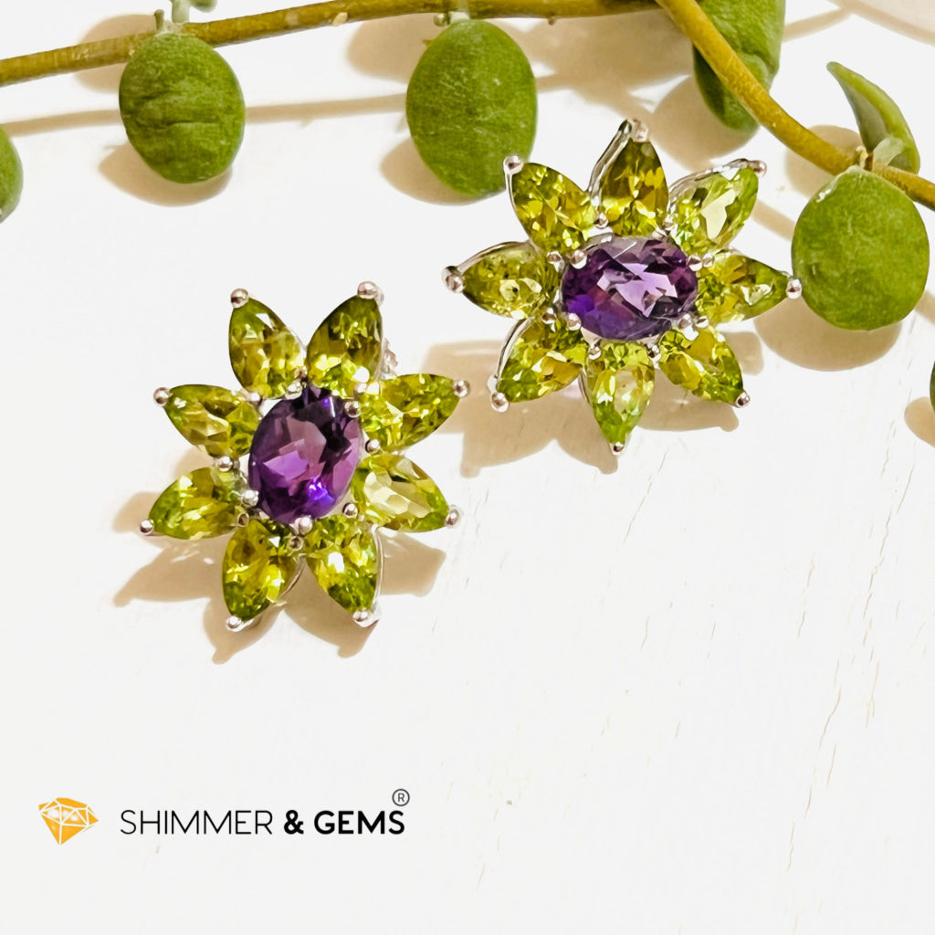 Peridot With Amethyst Sunshine Flower Earrings (Aa Grade) 30 Carats 16X20Mm (Per Pair)