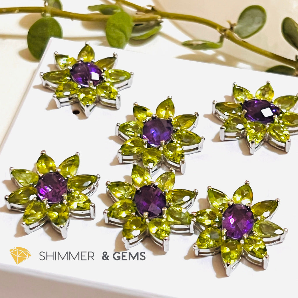 Peridot With Amethyst Sunshine Flower Earrings (Aa Grade) 30 Carats